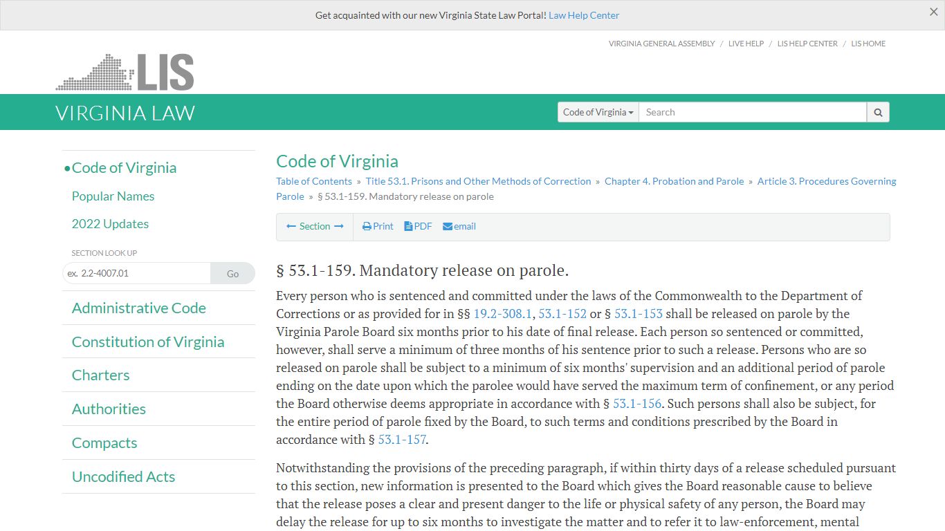§ 53.1-159. Mandatory release on parole - Virginia